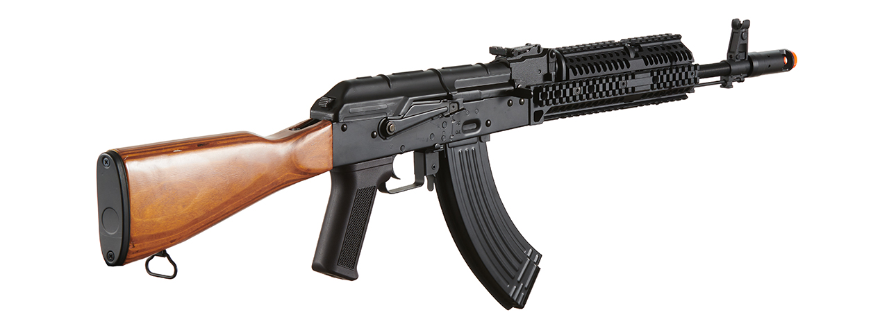 Lancer Tactical AK-Series AK-74M AEG Airsoft Rifle w/ Flash Hider ACW-228 Gas Tube Cover, ACW-229 Handguard, Wood Stock & SG-11B Mag - (Black) - Click Image to Close