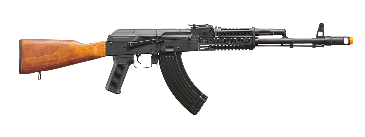 Lancer Tactical AK-Series AK-74M AEG Airsoft Rifle w/ Flash Hider ACW-272 Gas Tube Cover, ACW-273 Handguard, Wood Stock & SG-11B Mag - (Black) - Click Image to Close