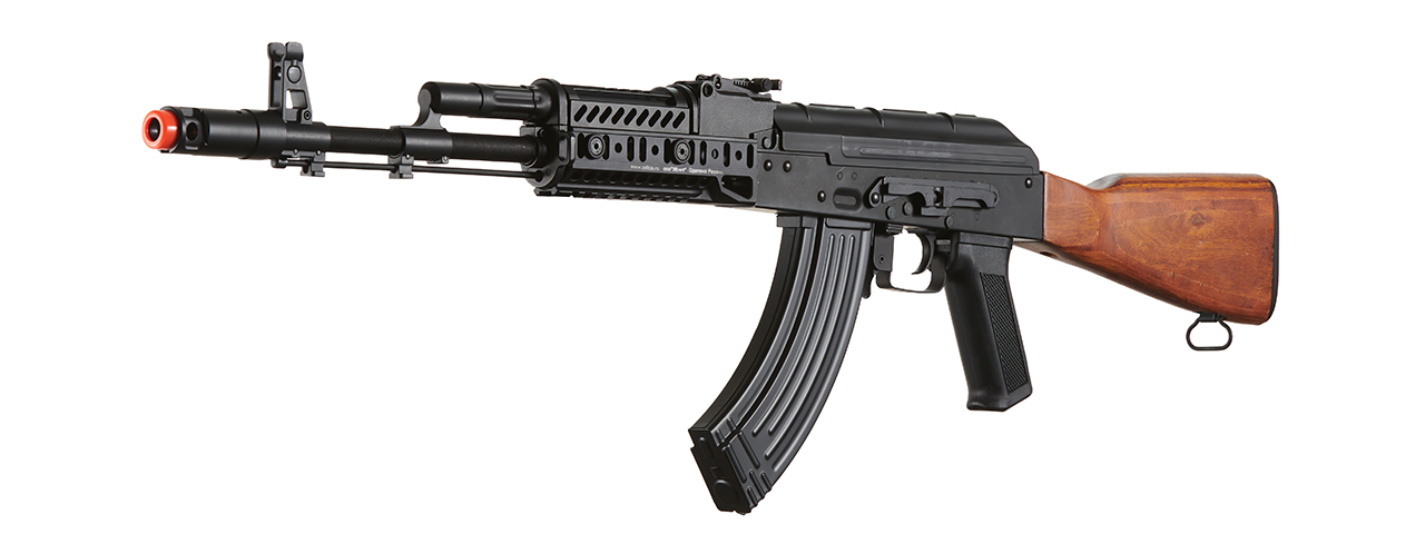 Lancer Tactical AK-Series AK-74M AEG Airsoft Rifle w/ Flash Hider ACW-272 Gas Tube Cover, ACW-273 Handguard, Wood Stock & SG-11B Mag - (Black) - Click Image to Close
