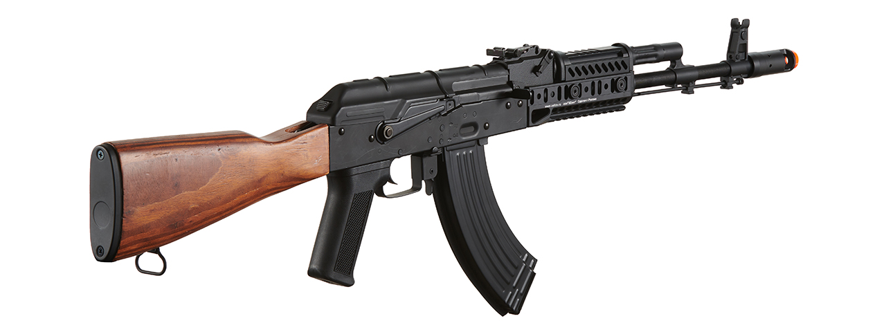 Lancer Tactical AK-Series AK-74M AEG Airsoft Rifle w/ Flash Hider ACW-272 Gas Tube Cover, ACW-273 Handguard, Wood Stock & SG-11B Mag - (Black) - Click Image to Close