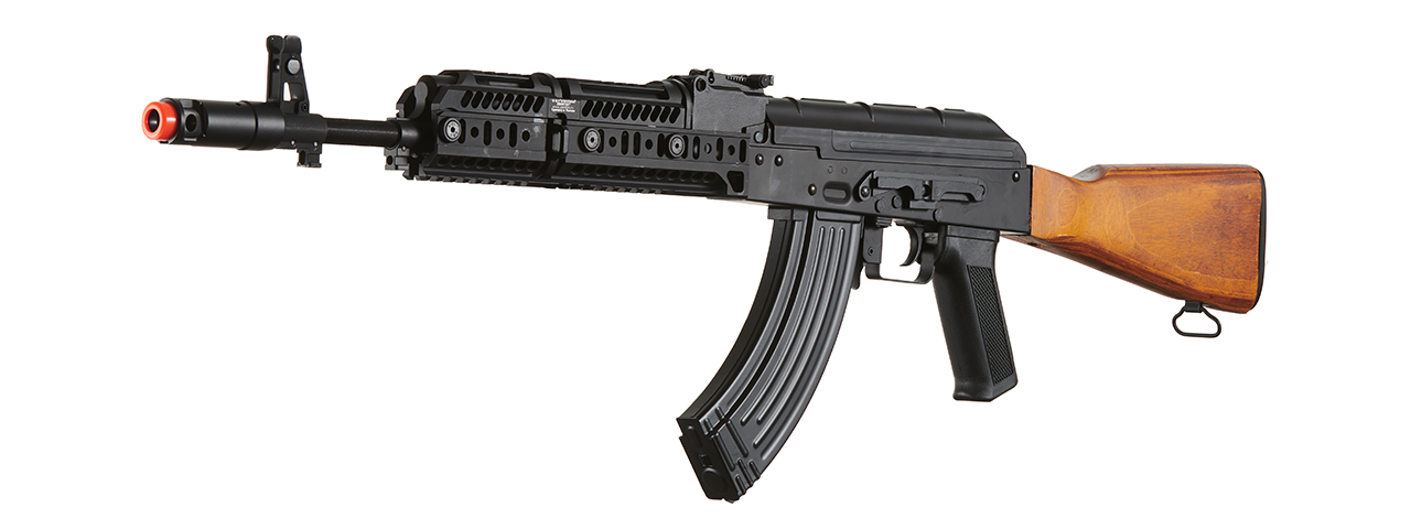 Lancer Tactical AK-Series AK-74M AEG Airsoft Rifle w/ Flash Hider, ACW-278 Gas Tube Cover, ACW-279 Handguard, Wood Stock & SG-11B Mag - (Black) - Click Image to Close