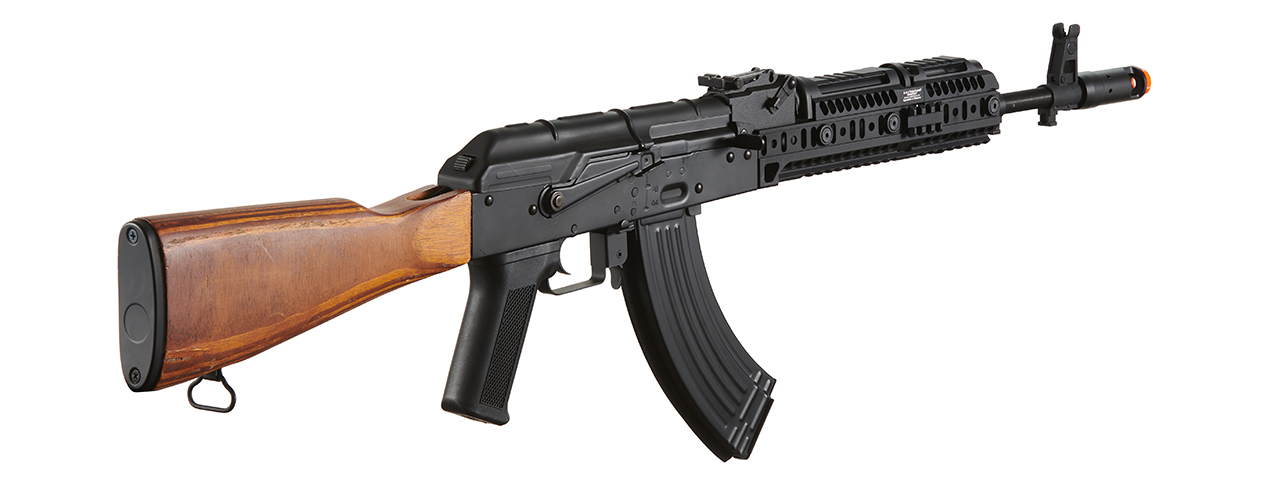Lancer Tactical AK-Series AK-74M AEG Airsoft Rifle w/ Flash Hider, ACW-278 Gas Tube Cover, ACW-279 Handguard, Wood Stock & SG-11B Mag - (Black) - Click Image to Close