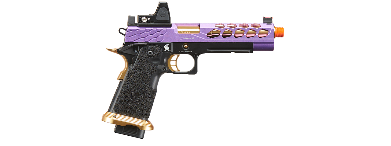 Lancer Tactical Stryk Hi-Capa 5.1 Gas Blowback Airsoft Pistol w/ Reflex Red Dot Sight - (Purple & Gold) - Click Image to Close