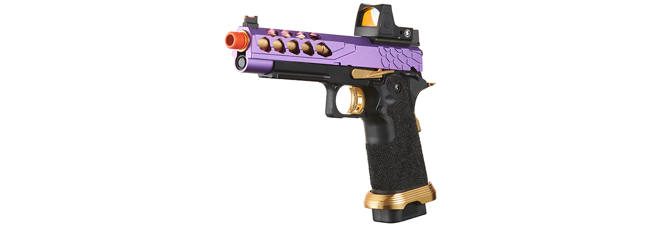 Lancer Tactical Stryk Hi-Capa 5.1 Gas Blowback Airsoft Pistol w/ Reflex Red Dot Sight - (Purple & Gold) - Click Image to Close