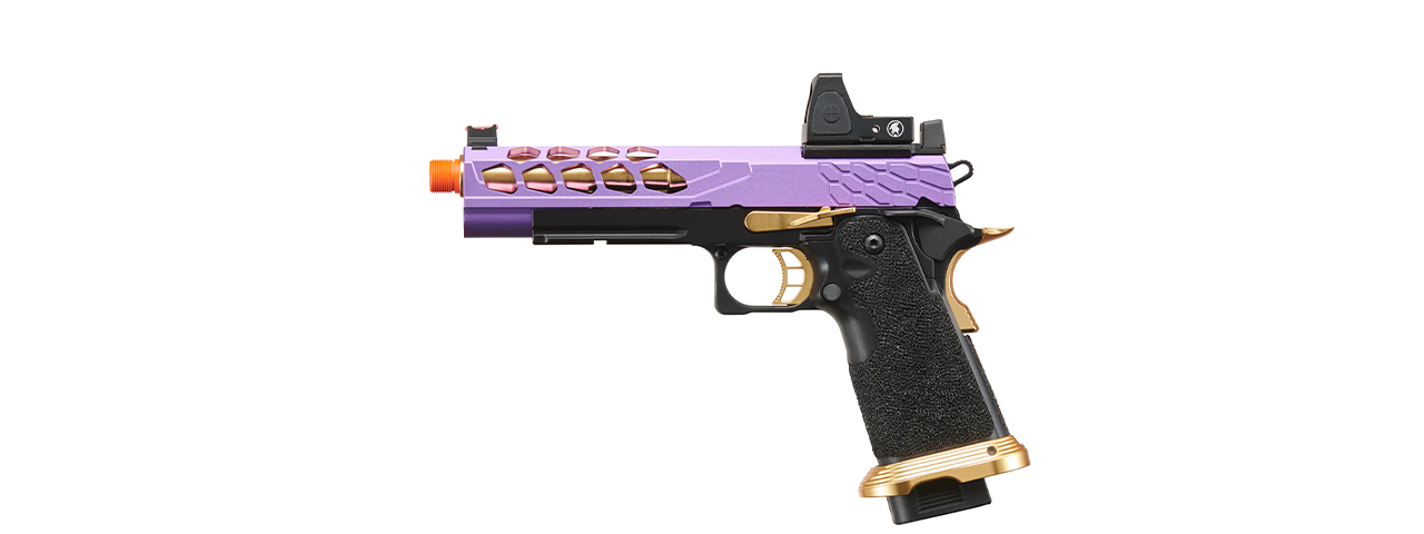 Lancer Tactical Stryk Hi-Capa 5.1 Gas Blowback Airsoft Pistol w/ Reflex Red Dot Sight - (Purple & Gold) - Click Image to Close