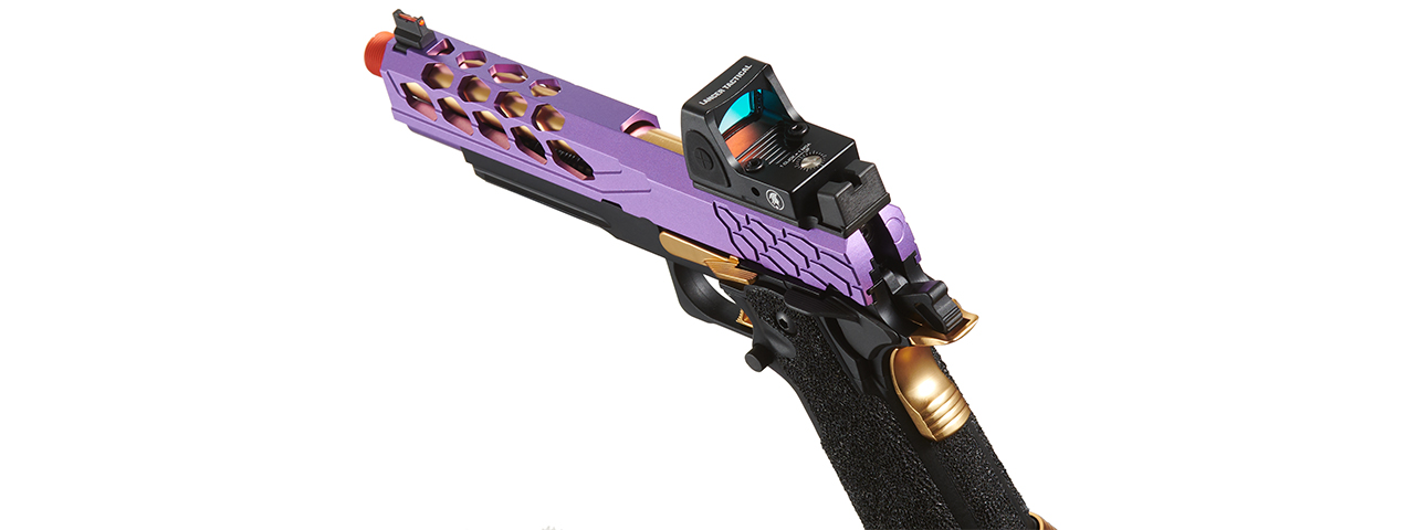 Lancer Tactical Stryk Hi-Capa 5.1 Gas Blowback Airsoft Pistol w/ Reflex Red Dot Sight - (Purple & Gold) - Click Image to Close