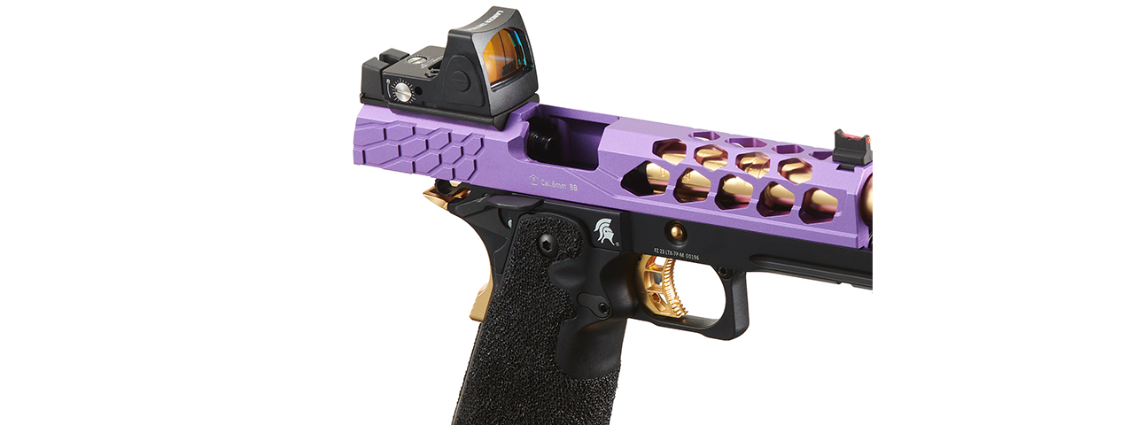 Lancer Tactical Stryk Hi-Capa 5.1 Gas Blowback Airsoft Pistol w/ Reflex Red Dot Sight - (Purple & Gold) - Click Image to Close