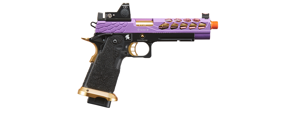 Lancer Tactical Stryk Hi-Capa 5.1 Gas Blowback Airsoft Pistol w/ Red Dot Sight - (Purple & Gold) - Click Image to Close