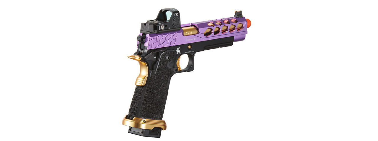 Lancer Tactical Stryk Hi-Capa 5.1 Gas Blowback Airsoft Pistol w/ Red Dot Sight - (Purple & Gold) - Click Image to Close