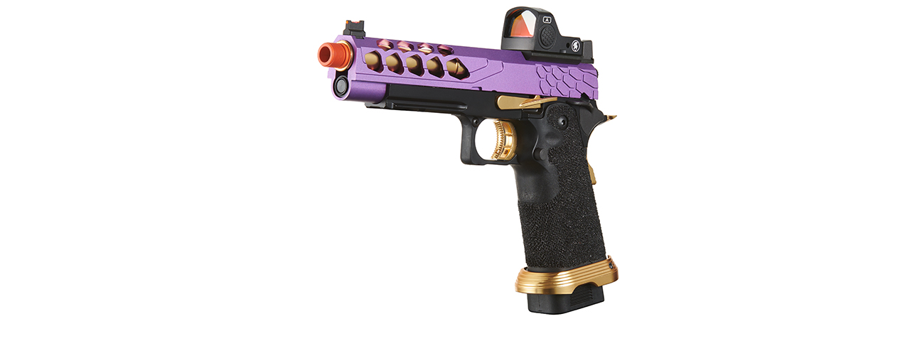 Lancer Tactical Stryk Hi-Capa 5.1 Gas Blowback Airsoft Pistol w/ Red Dot Sight - (Purple & Gold) - Click Image to Close