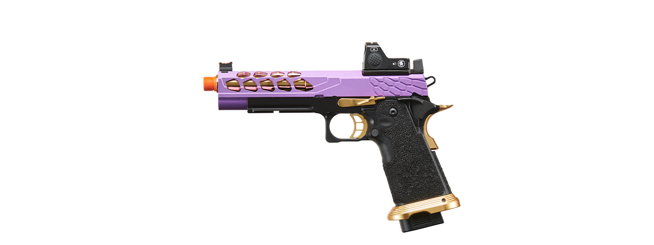 Lancer Tactical Stryk Hi-Capa 5.1 Gas Blowback Airsoft Pistol w/ Red Dot Sight - (Purple & Gold) - Click Image to Close