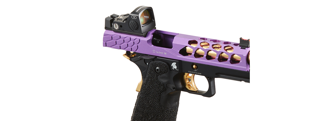 Lancer Tactical Stryk Hi-Capa 5.1 Gas Blowback Airsoft Pistol w/ Red Dot Sight - (Purple & Gold) - Click Image to Close