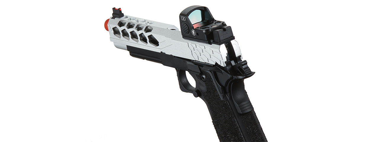 Lancer Tactical Stryk Hi-Capa 5.1 Gas Blowback Airsoft Pistol w/ Red Dot Sight - (Black & Silver) - Click Image to Close