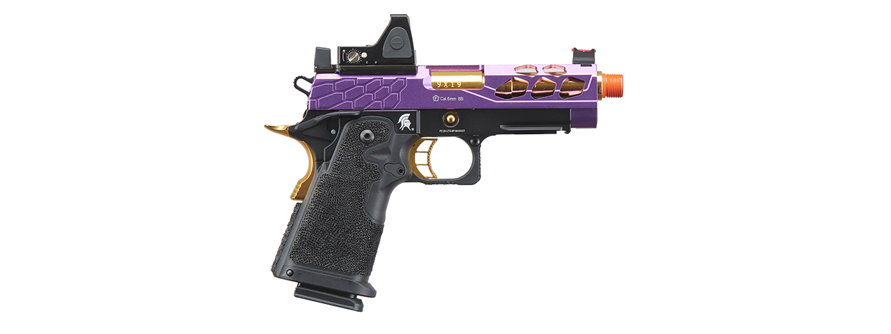 Lancer Tactical Stryk Hi-Capa 4.3 Gas Blowback Airsoft Pistol w/ Reflex Red Dot Sight - (Black, Purple, & Gold) - Click Image to Close