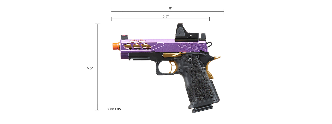 Lancer Tactical Stryk Hi-Capa 4.3 Gas Blowback Airsoft Pistol w/ Reflex Red Dot Sight - (Black, Purple, & Gold) - Click Image to Close