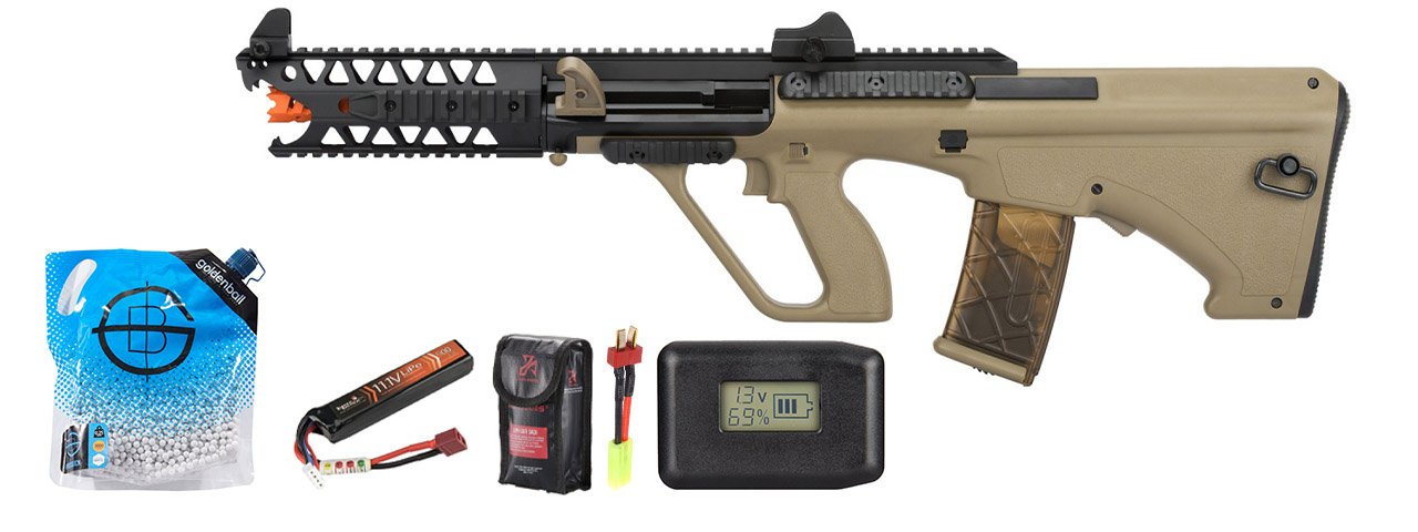 Army Armament Aug 7" Raptor Aeg Airsoft Rifle - Battery/Adapter/Charger Combo - (Tan)