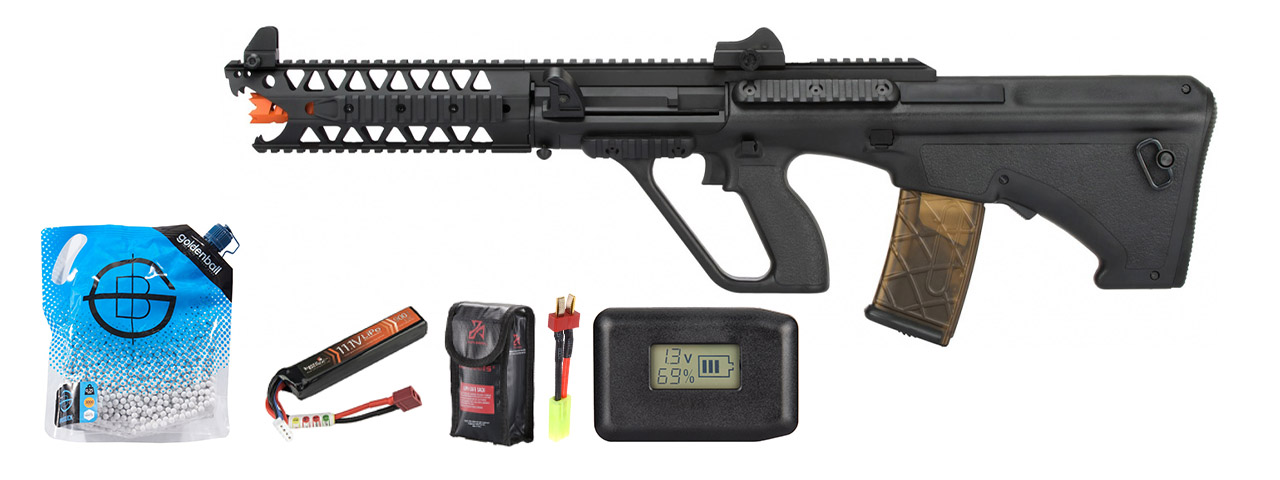 Army Armament Aug 9" Raptor Polymer Aeg Airsoft Rifle - Battery/Adapter/Charger Combo - (Black)