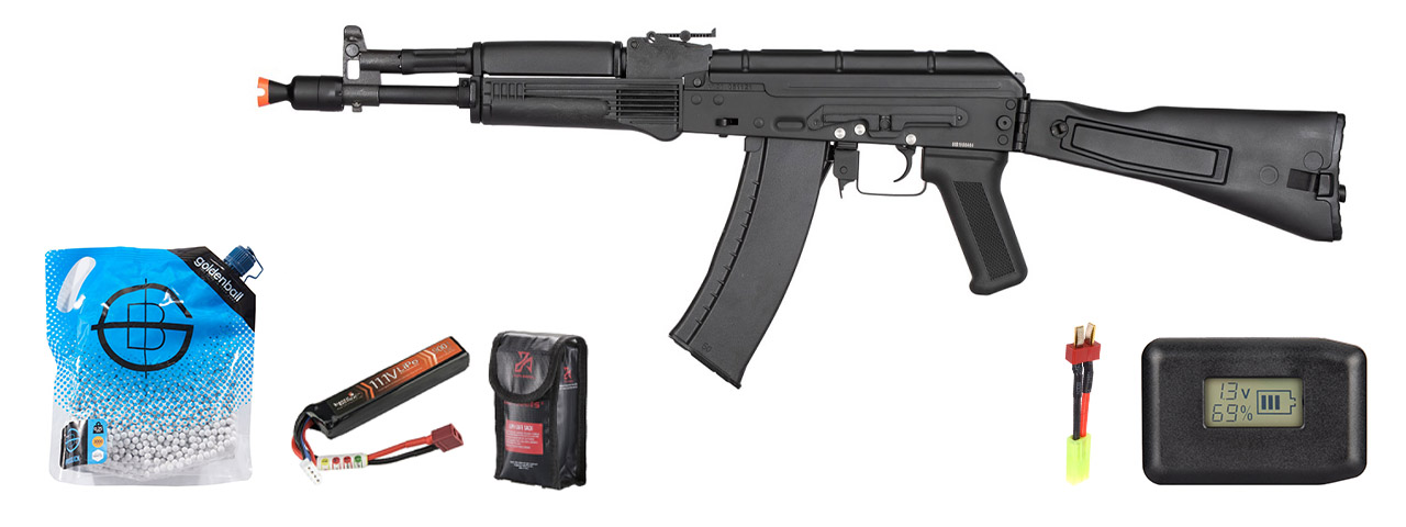 Double Bell Ak-105 Airsoft Aeg Rifle W/ Foldable Stock - Battery/Adapter/Charger Combo - (Black)