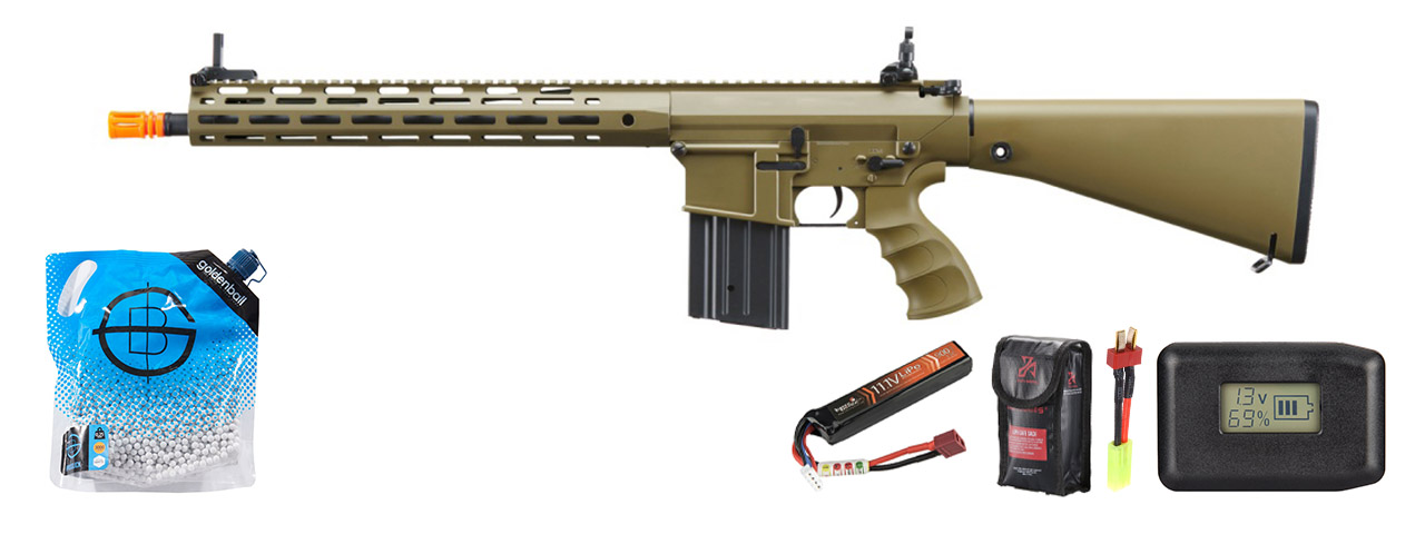 Golden Eagle Airsoft SR-25K W/ URX4 M-LOK Handguard & Full Stock - Battery/Adapter/Charger Combo - Tan
