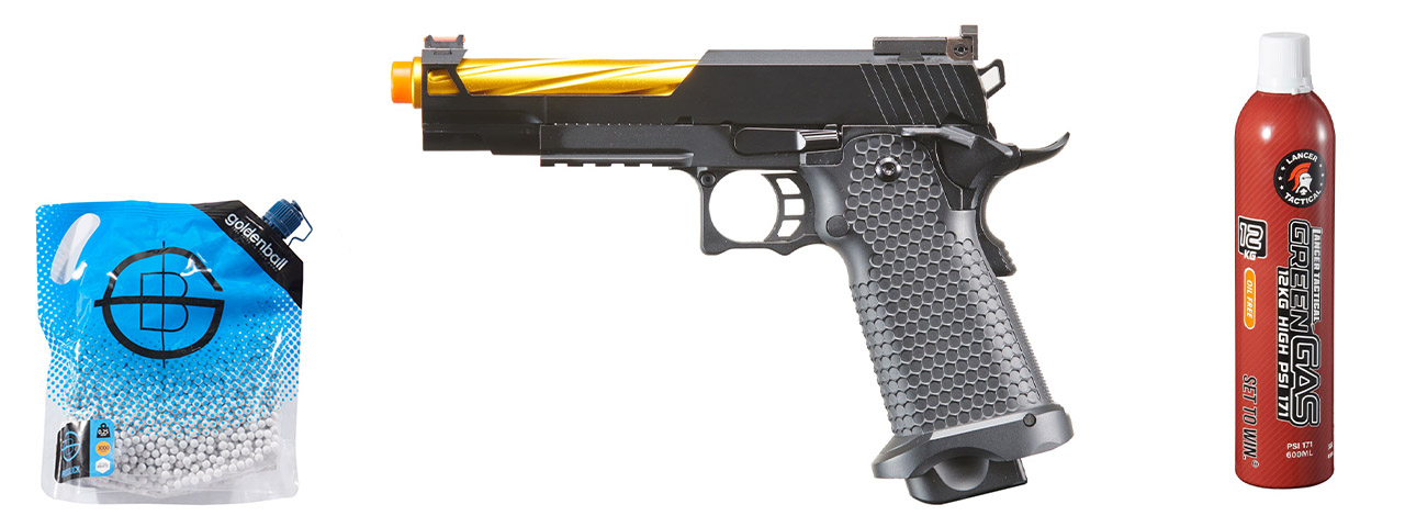 Golden Eagle 3337 OTS .45 Hi-Capa Gas Blowback Open Slide Pistol - Green Gas Combo - (Black/Gold)