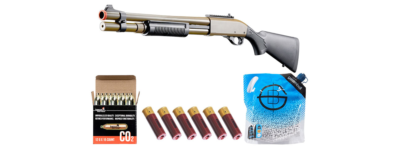 Golden Eagle M870 3/6-Shot Pump Action CO2 Airsoft Shotgun w/ Mock Shell Tube & Ghost Ring Iron Sights - Shell/CO2 Combo - (Tan)