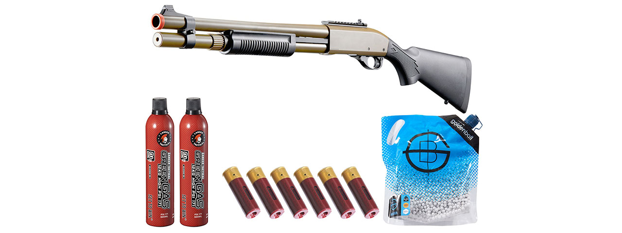Golden Eagle M870 3/6-Shot Pump Action Gas Airsoft Shotgun w/ Mock Shell Tube & Ghost Ring Iron Sights Shell/Green Gas Combo - (Tan) Golden Eagle M870 3/6-Shot Pump Action Gas Airsoft Shotgun w/ Mock Shell Tube & Ghost Ring Iron Sights Shell/Green Gas Combo - (Tan)