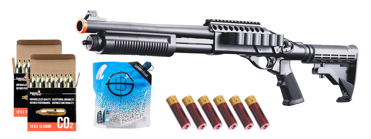 Golden Eagle M8873 3/6-shot Pump Action Co2 Airsoft Shotgun W/ Optic Rail & M4 Crane Stock - CO2/Shell Combo - (Black)