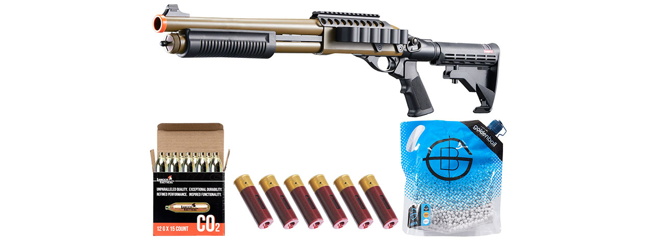 Golden Eagle M8873 3/6-Shot Pump Action CO2 Airsoft Shotgun w/ Optic Rail & M4 Crane Stock - Shell/CO2 Combo - (Tan)