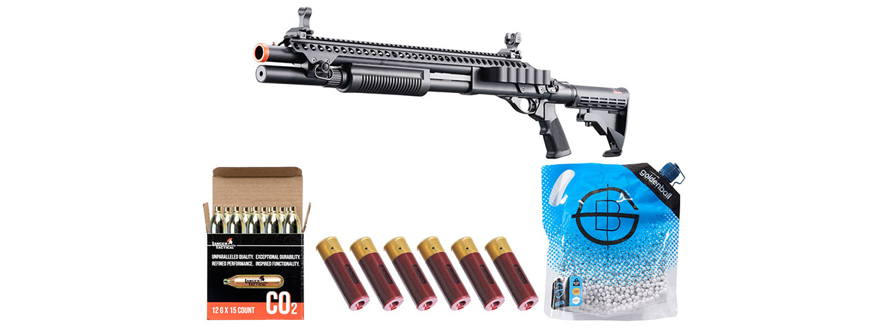 Golden Eagle M8874 3/6-Shot Pump Action CO2 Airsoft Shotgun w/ Flip Up Sights, Picatinny Rail & M4 Crane Stock - Shell/CO2 Combo - (Black)