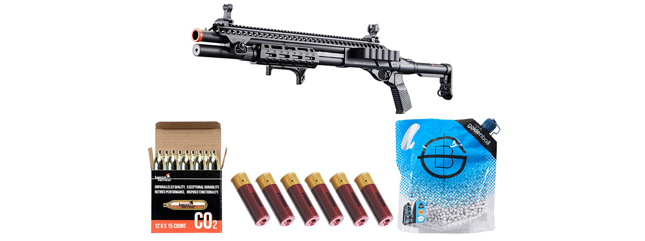 Golden Eagle M8875 3/6-Shot Pump Action CO2 Airsoft Shotgun w/ Flip Up Sights, M-LOK, Picatinny Rail & M4 Buffer Stock - Shell/CO2 Combo - (Black)