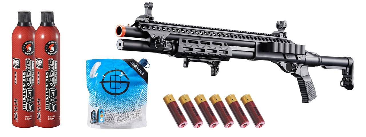 Golden Eagle M8875 3/6-shot Pump Action Gas Airsoft Shotgun W/ Flip Up Sights, M-lok, Picatinny Rail & M4 Buffer Stock - Green Gas/Shell Combo - (Black)