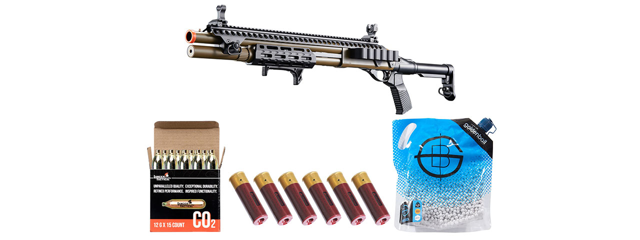 Golden Eagle M8875 3/6-Shot Pump Action CO2 Airsoft Shotgun w/ Flip Up Sights, M-LOK, Picatinny Rail & M4 Buffer Stock - Shell/CO2 Combo - (Tan)