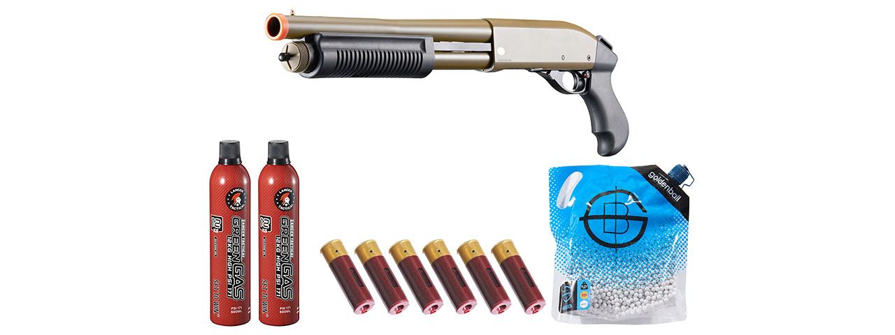 Golden Eagle M8881 3/6-Shot Pump Action Gas Airsoft Sawed-Off Shotgun Shell/Green Gas Combo - (Tan) Golden Eagle M8881 3/6-Shot Pump Action Gas Airsoft Sawed-Off Shotgun Shell/Green Gas Combo - (Tan)