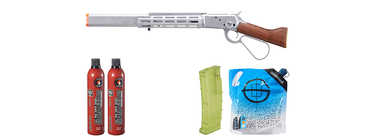 Atlas Custom Works M1873 "Mares Leg" Lever Action Airsoft Green Gas Rifle w/ M-LOK Rail and Suppressor Ammo/Green Gas Combo (Color: Silver) Atlas Custom Works M1873 "Mares Leg" Lever Action Airsoft Green Gas Rifle w/ M-LOK Rail and Suppressor Ammo/Green Gas Combo (Color: Silver)