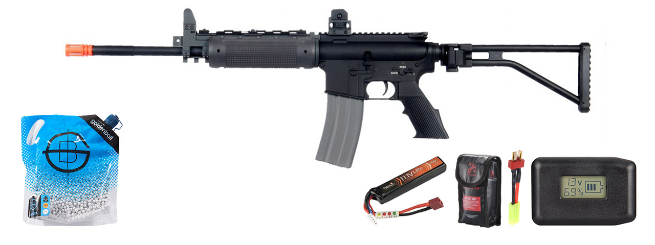 Atlas Custom Works M4 Gr-300 Long Version Airsoft Aeg Rifle W/ Folding Stock - Battery/Adapter/Charger Combo - (Black)