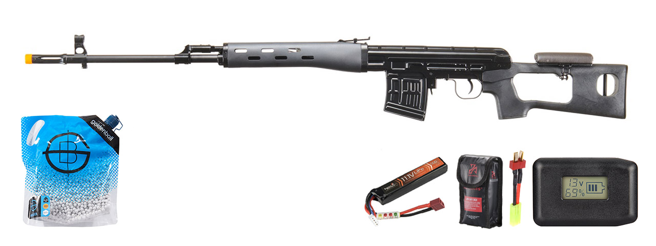 Atlas Custom Works Svd Dragunov Electric Airsoft Sniper Rifle W/ Sportsman Stock - Battery/Adapter/Charger Combo (Black)