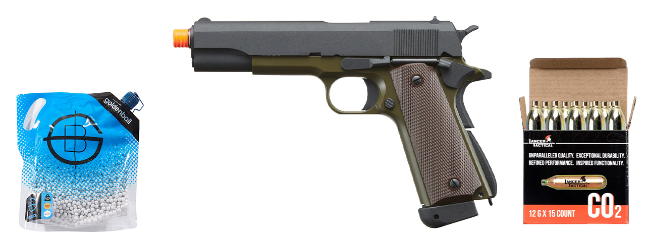 KJW Full Metal M1911-A1 CO2 Gas Blowback GBB Airsoft Pistol - CO2 Combo - (OD Green)