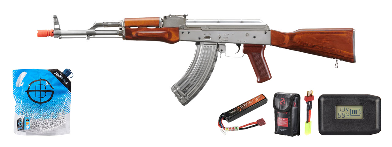 LCT AKM Stamped Steel Airsoft Aeg Rifle W/ Full Stock - Battery/Adapter/Charger Combo - (Silver & Wood)