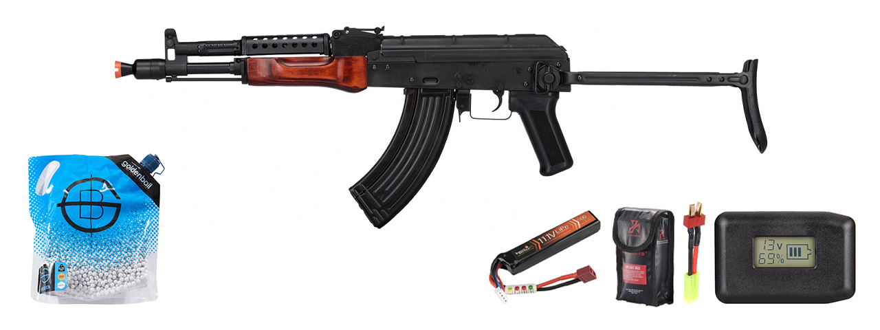 LCT MG MS AEG LCT Airsoft Stamped Steel Ak-74 W/ Fold Stock - Battery/Adapter/Charger Combo - (Black / Wood)
