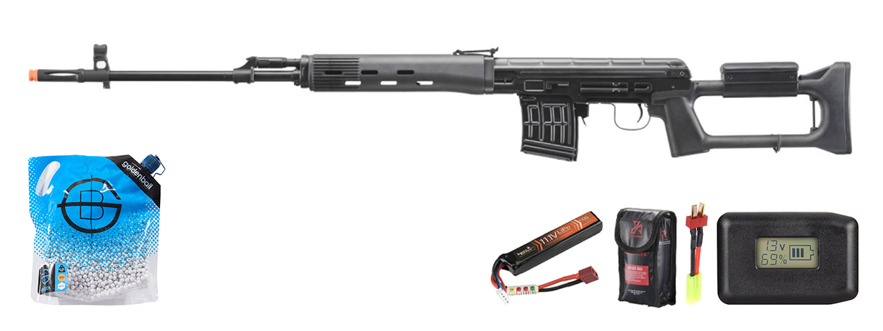 LCT SVD Dragunov Electric Airsoft Sniper Rifle - Battery/Adapter/Charger Combo - (Black)