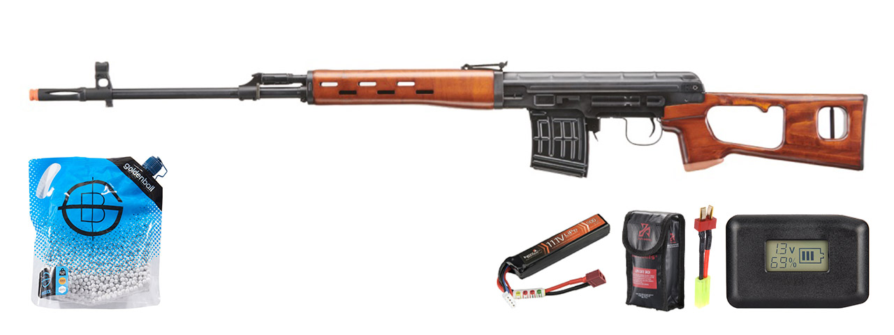 LCT SVD Dragunov Electric Airsoft Sniper Rifle W/ Real Wood Furniture - Battery/Adapter/Charger Combo - (Wood)