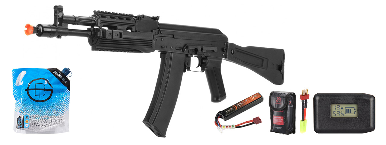 LCT Airsoft AK-102 Assault Rifle AEG W/ Folding Stock - Battery/Adapter/Charger Combo - (Black)