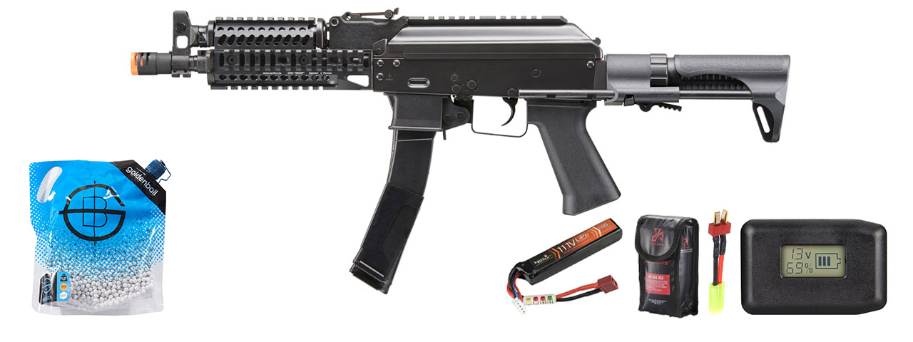 LCT 9mm PP-19 Pdw Ak Airsoft AEG Rifle W/ Picatinny Handguard - Battery/Adapter/Charger Combo - (Black)