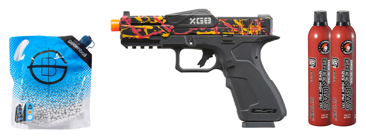 Poseidon CSI XG8 Gas Blow Back Aluminum Pistol - Green Gas Combo - (Red/orange/black Splash Anodized)