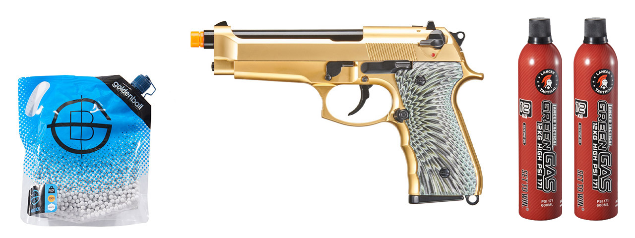 WE-Tech New System M92 Eagle Full Auto Airsoft Gas Blowback Pistol - (Gold) Green Gas Combo WE-Tech New System M92 Eagle Full Auto Airsoft Gas Blowback Pistol - (Gold) Green Gas Combo