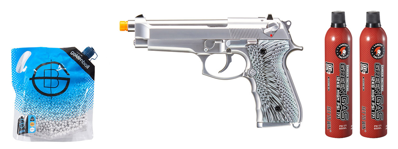 WE-Tech New System M92 Eagle Full Auto Airsoft Gas Blowback Pistol - (Silver) Green Gas Combo WE-Tech New System M92 Eagle Full Auto Airsoft Gas Blowback Pistol - (Silver) Green Gas Combo