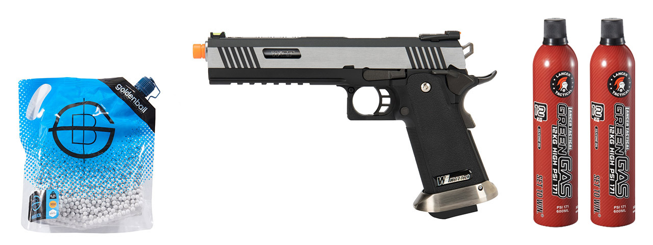WE Tech 1911 Hi-Capa T-Rex Competition Gas Blowback Airsoft Pistol w/ Sight Mount & Top Ports [Tibetan Version] - (2-Tone/Silver) Green Gas Combo