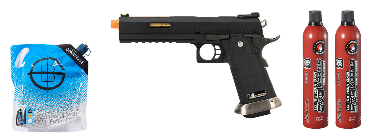 WE Tech 1911 Hi-Capa T-Rex Competition Gas Blowback Airsoft Pistol w/ Sight Mount & Top Ports - (Black/Gold) Green Gas Combo WE Tech 1911 Hi-Capa T-Rex Competition Gas Blowback Airsoft Pistol w/ Sight Mount & Top Ports - (Black/Gold) Green Gas Combo