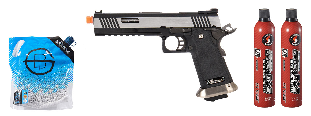 WE-Tech Hi-Capa 6" IREX Competition Full Auto Gas Blowback Airsoft Pistol - (Black/Silver) Green Gas Combo WE-Tech Hi-Capa 6" IREX Competition Full Auto Gas Blowback Airsoft Pistol - (Black/Silver) Green Gas Combo