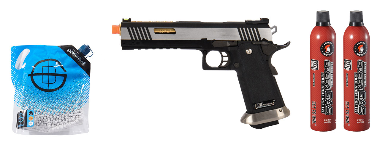 WE-Tech Hi-Capa 6" IREX Competition Full Auto Gas Blowback Airsoft Pistol - (Black/Silver/Gold Barrel) Green Gas Combo WE-Tech Hi-Capa 6" IREX Competition Full Auto Gas Blowback Airsoft Pistol - (Black/Silver/Gold Barrel) Green Gas Combo